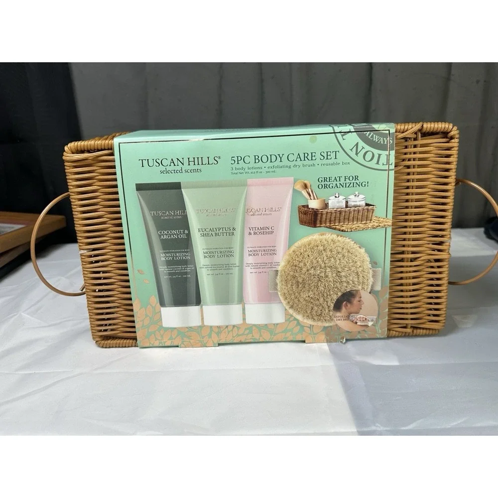 Tuscan Hills 5 pc Body Care Set with Exfoliating‎ Brush & Storage Basket New
